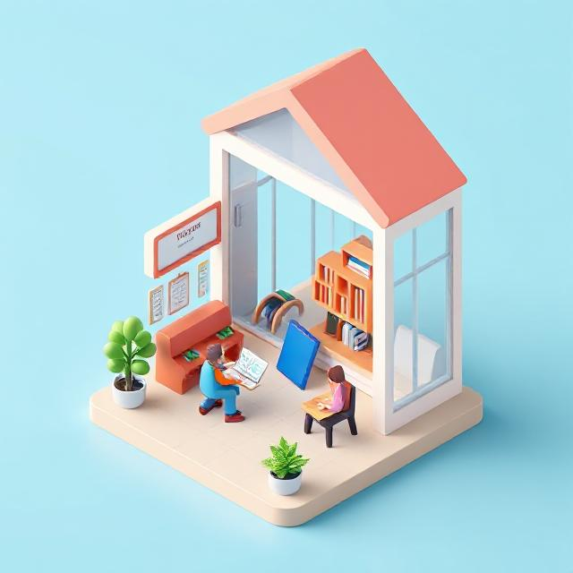 3D illustration of a tutoring space with a student and teacher engaged in learning activities.