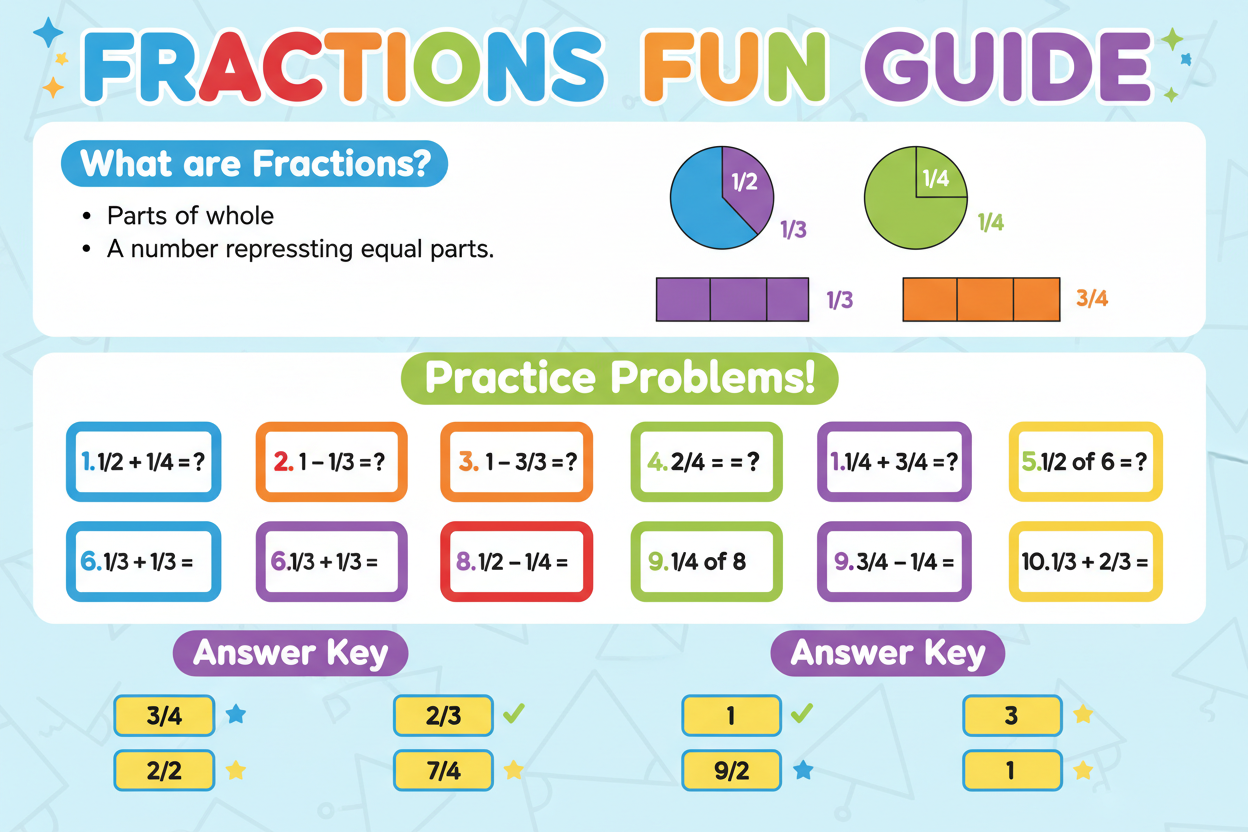 Fraction explain fun and colourful guide visual include 10 practice sheet powerpoint presentation with answers