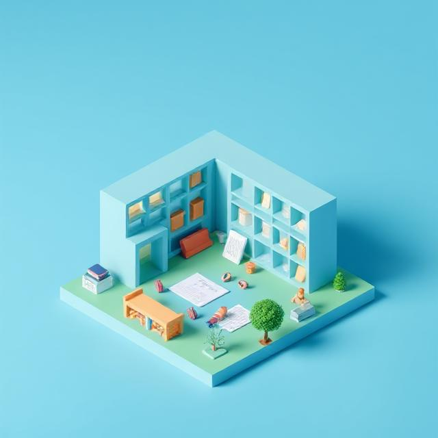 Colorful mini classroom setup with books, papers, and furniture on a light blue background.