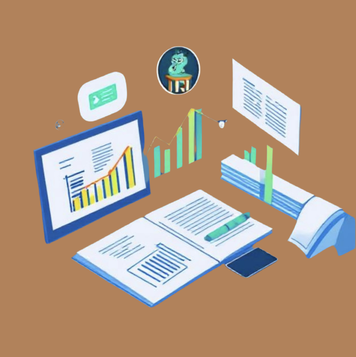 Illustration of study materials with graphs and notes for GCSE tuition in English, Maths, and Science.