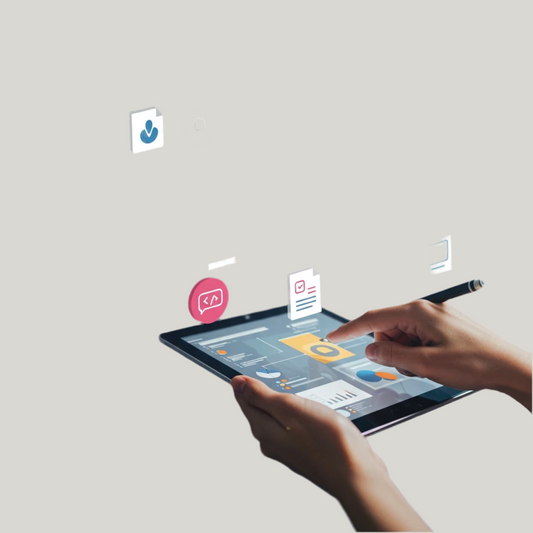 Person using a tablet for interactive learning, showcasing educational icons and analytics.