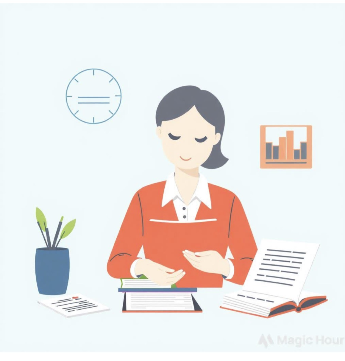 Illustration of a woman managing financial documents at a desk, representing professional bookkeeping services.