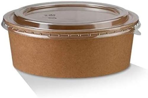 Disposable round kraft paper bowl with clear lid, perfect for salads and takeaway food.