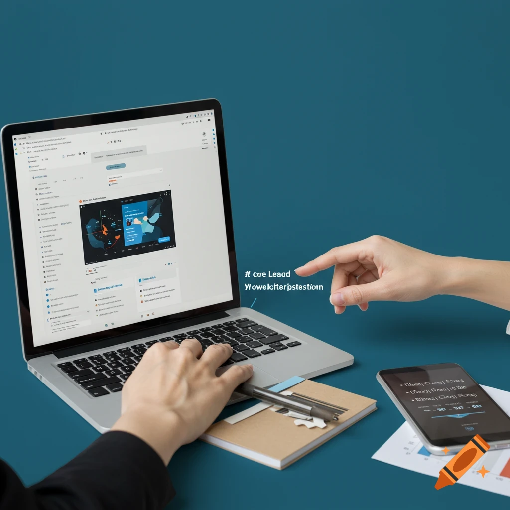 Person pointing at a laptop screen displaying a business training program, with a smartphone nearby.