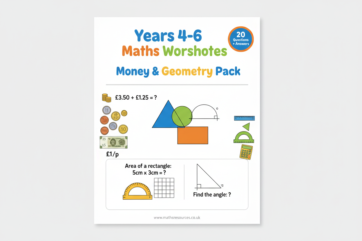 Years 4–6 Maths Worksheets | Money & Geometry Pack | Visual Examples | 20 Questions + Answers | KS2 Maths Printable