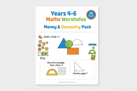 Years 4–6 Maths Worksheets | Money & Geometry Pack | Visual Examples | 20 Questions + Answers | KS2 Maths Printable